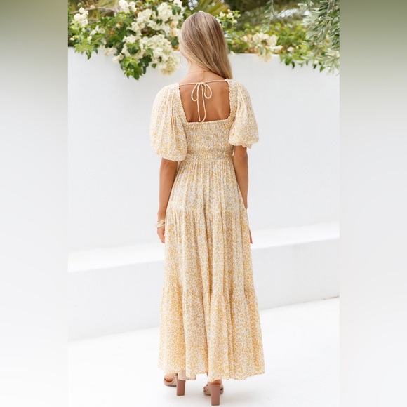 Holly Molly Yellow print Smocked Maxi Dress Size Small Tiered - Picture 2 of 9